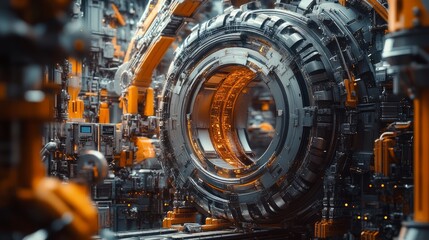 A futuristic mechanical structure featuring intricate gears and vibrant orange accents.