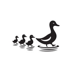 A simple black silhouette illustration of a mother duck leading her ducklings in a line.