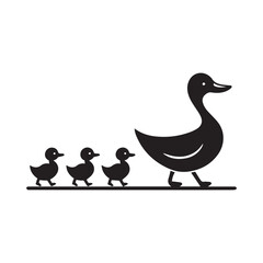 A simple black silhouette illustration of a mother duck leading her ducklings in a line.