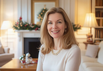 Señora de mediana edad de 40 años, rubia con cabello liso y largo, posando para la cámara con jrsey beige y collar dorado, con fondo de una casa lujosa con chimenea y decoraciones navideñas