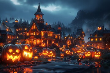 Spooky Halloween Village with Glowing Jack-O'-Lanterns and Haunted Houses