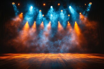 Dramatic Stage Lighting with Smoky Atmosphere and Wooden Floor