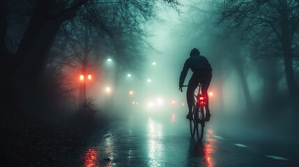 Fototapeta premium A cyclist rides through a foggy street illuminated by distant lights.