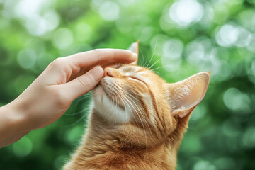 A contented orange tabby cat being gently petted by a human hand, showing a calm and affectionate connection with a blurred green background