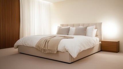 Spacious and Modern Bedroom Design with Neutral Tones, Cozy Bedding, Soft Textiles, and Stylish Furniture for a Relaxing Atmosphere