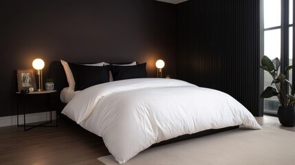 Modern Minimalist Bedroom Design Featuring White Duvet and Black Accents with Warm Lighting and Stylish Plant Decor in Contemporary Setting