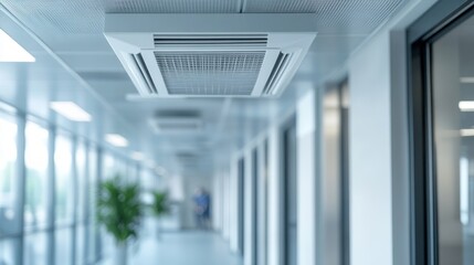 Obraz premium A modern office corridor with an air conditioning unit and large windows.