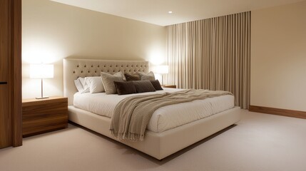 Modern and Elegant Bedroom Design Featuring a Cozy Bed with Plush Pillows, Soft Lighting, and Minimalist Decor for a Relaxing Atmosphere