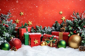 Festive Christmas Gifts Snow Scene Red Background Winter Holidays