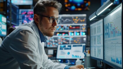 Researcher using AI for data insights, with futuristic data visuals