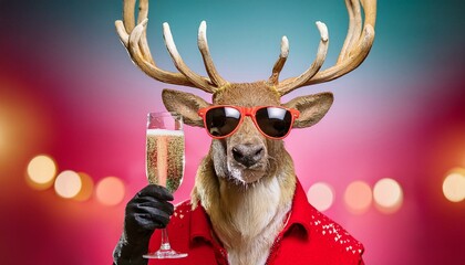 A whimsical and festive reindeer wearing stylish sunglasses holds a glass of champagne, exuding holiday cheer and cool vibes. With its antlers decorated and a jolly expression, this playful scene capt