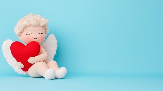 Cute romantic illustration, adorable cupid with heart on monochrome background, free space for text, valentine's day concept, romantic relationship, invitation template, banner