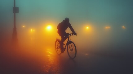 Obraz premium A cyclist rides through a foggy street illuminated by soft, warm lights.