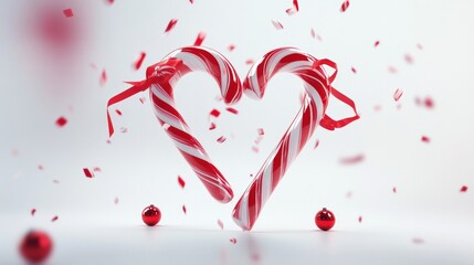 Two candy canes forming a heart shape, adorned with vibrant red ribbons and small festive ornaments. Set on a clean white background 