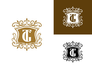 Beautiful luxury letter TG or GT in shield and Abstract Plant. Initial Identity Letter in Gold color Logo vector template