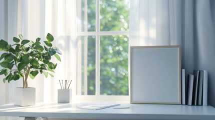 A white desk with an empty picture frame