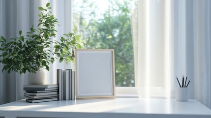 A white desk with an empty picture frame