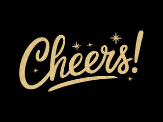 Gold Glitter Cheers Typography on Elegant Black Background with Star Accents