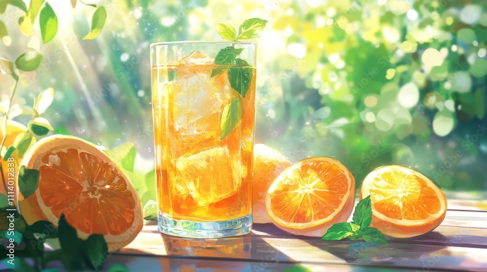 Poster refreshing citrus drink with mint and ice on sunny table setting