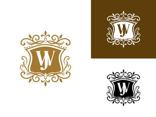 Beautiful luxury letter JW or WJ in shield and Abstract Plant. Initial Identity Letter in Gold color Logo vector template