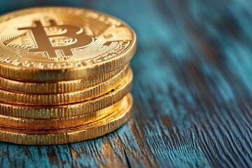 Stack of Gold Bitcoin Cryptocurrency Coins on Rustic Wooden Table