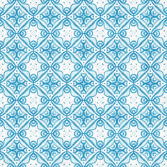 Aqua teal blue white vibrant watercolor batik azulejos tile border banner background. Seamless coastal blur linen effect geometric mosaic effect.