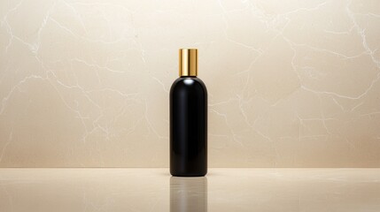 Elegant Black Bottle with Gold Cap on a Polished Surface Against a Soft Marble Background for Luxury Product Presentation or Branding