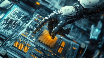 A robotic hand interacts with a futuristic circuit board, highlighting technology and innovation.