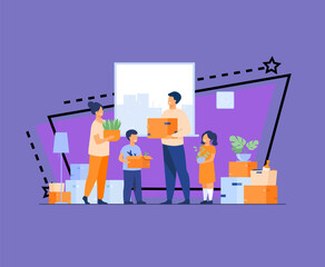 Family moving to new house. Happy cartoon man, woman, boy, girl carrying boxes in apartment. Vector illustration for new home, delivery service concept