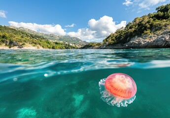 水面下に漂うクラゲと美しい自然景観の融合