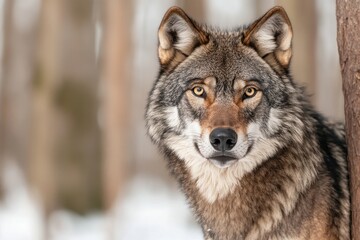 Obraz premium A coyote is currently standing in the snow, intently looking at the camera