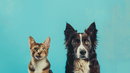 Tabby Cat and Border Collie Dog: A tabby cat and border collie dog in front of a blue gradient background, showcasing their companionship.