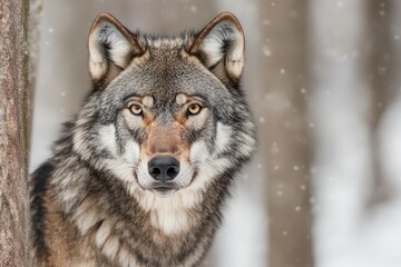 Fototapeta premium A coyote is currently standing in the snow, intently looking at the camera