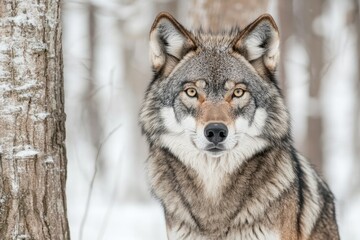 Obraz premium A coyote is currently standing in the snow, intently looking at the camera
