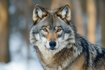 Obraz premium A coyote is currently standing in the snow, intently looking at the camera