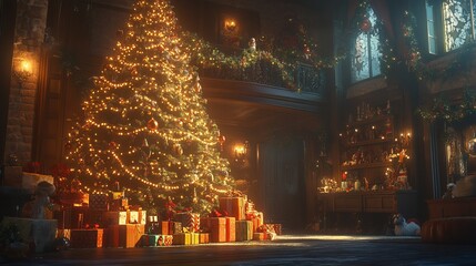 Festive presents nestled beneath a resplendently decorated Christmas tree, the ambient glow of cozy lighting casting a warm and inviting atmosphere. 