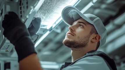 A technician inspects equipment in a modern industrial setting, focused and attentive.