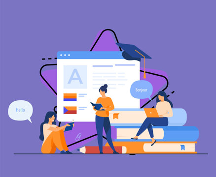 Happy women learning language online isolated flat vector illustration. Cartoon female characters taking individual lessons through messenger. Education and digital technology concept
