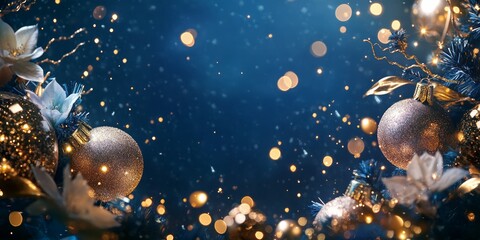 A blue background with gold and silver Christmas ornaments, sparks of lightning, and flowers