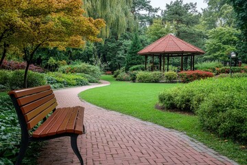 Two benches are in the park with a gazebo in the background