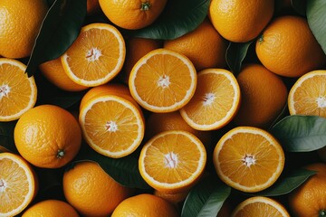 A vibrant bunch of oranges adorned with green leaves on an orange background
