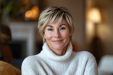 A woman in a white sweater smiles at the camera on a couch