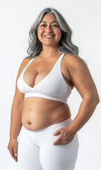 Fototapeta premium Confident middle-aged woman with silver hair in activewear, smiling warmly against a clean, white background, promoting body positivity