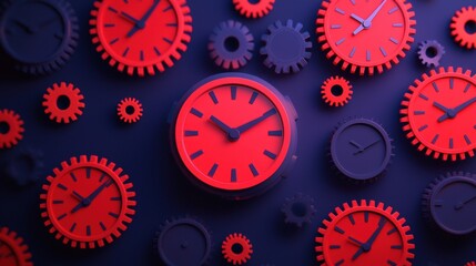 Milestones strategy deadlines. A vibrant arrangement of clocks and gears in red against a dark background, symbolizing time and mechanics.