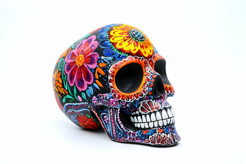 A beautifully crafted Mexican skull, painted with bright, festive colors, isolated on a white background to highlight its cultural significance and design.