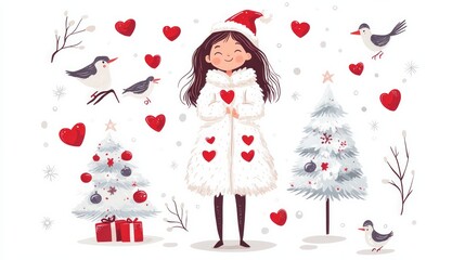 Fototapeta premium a girl in a white fluffy fur coat with burgundy hearts, Christmas tree, birds, white background