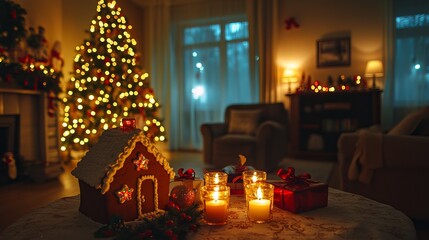 Obraz premium Gingerbread house glazed, on tablecloth with Christmas decor, candles, and lights. Living room with lit Christmas tree, ready for the holidays. 
