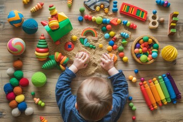 Child playing with colorful sensory toys, wooden blocks, and kinetic sand on a wooden floor. Early childhood development and creative play concept. Generative AI