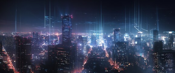 Obraz premium A panoramic view of a vibrant, futuristic city skyline at night, illuminated by bright lights and glowing structures.