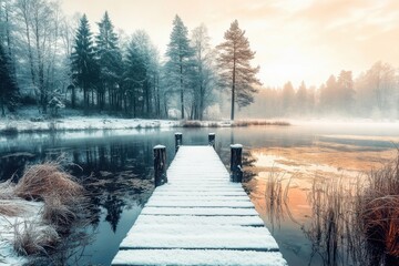 Serenity at dawn on a snowy lake with a wooden dock surrounded by trees